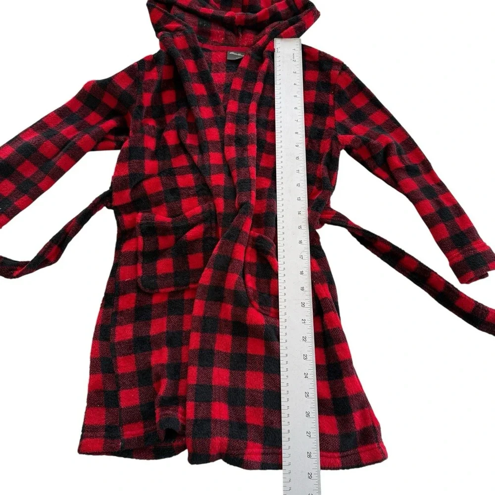 Eddie Bauer Kids Hooded Robe Fleece Red Black Buffalo Plaid Cozy Kids S 7/8‎